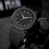 Black Minimalist Analog Wrist Aura Watch With Stainless Steel Strap And Butterfly Lock