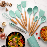12-Piece Silicone Kitchen Utensil Set with Wooden Handles