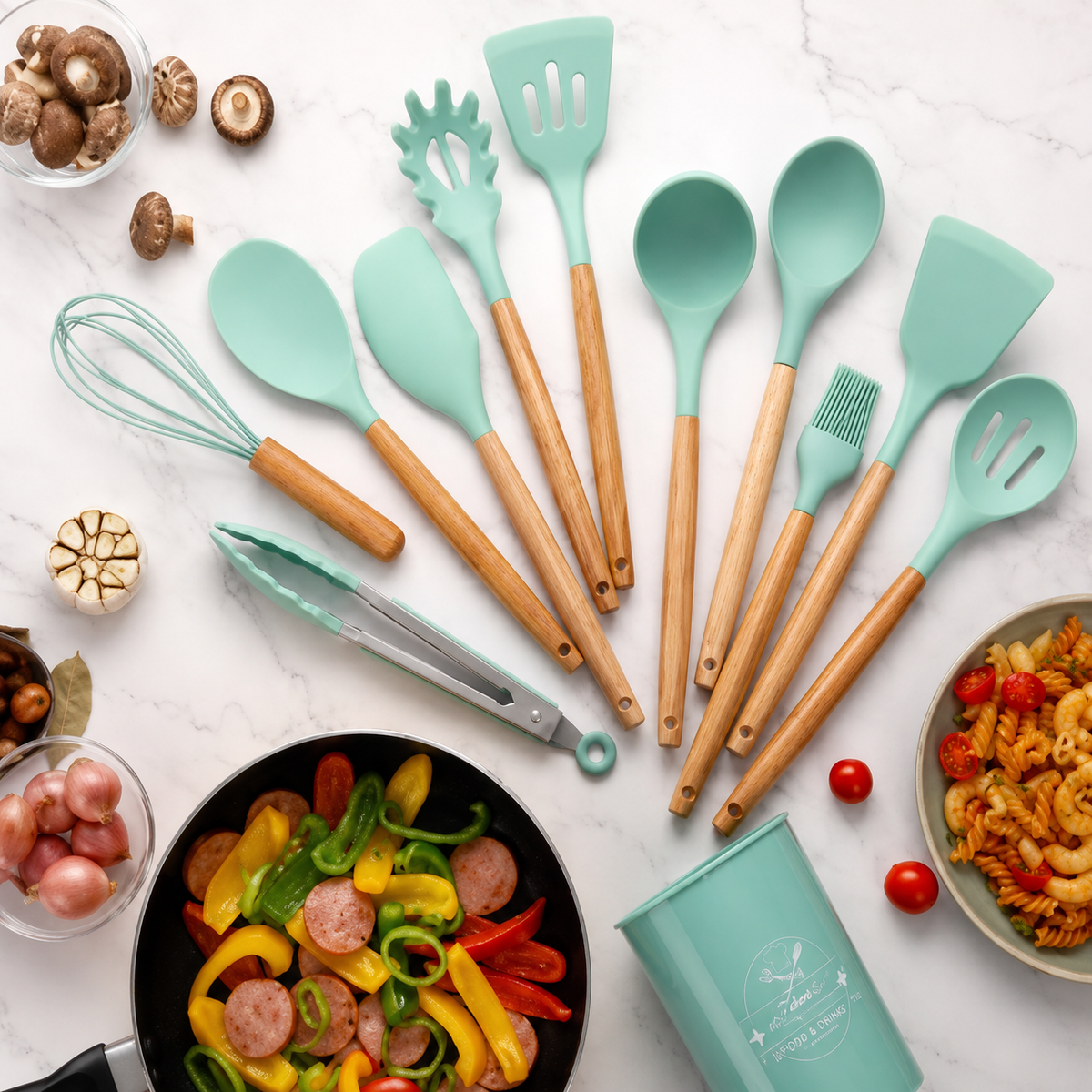 12-Piece Silicone Kitchen Utensil Set with Wooden Handles