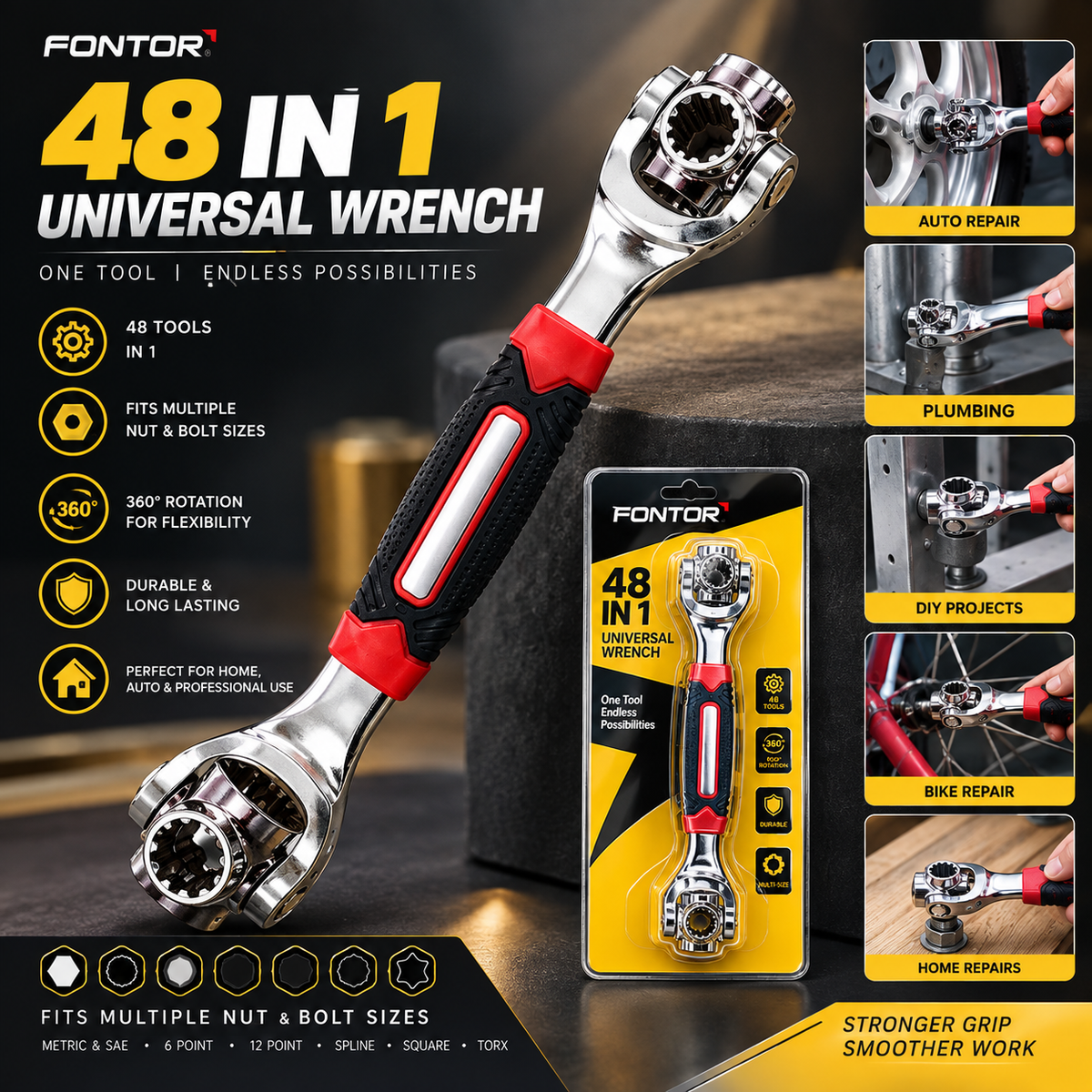 48-In-1 Universal Multi-Function Wrench 360° Rotary Adjustable Spanner for Nuts & Bolts