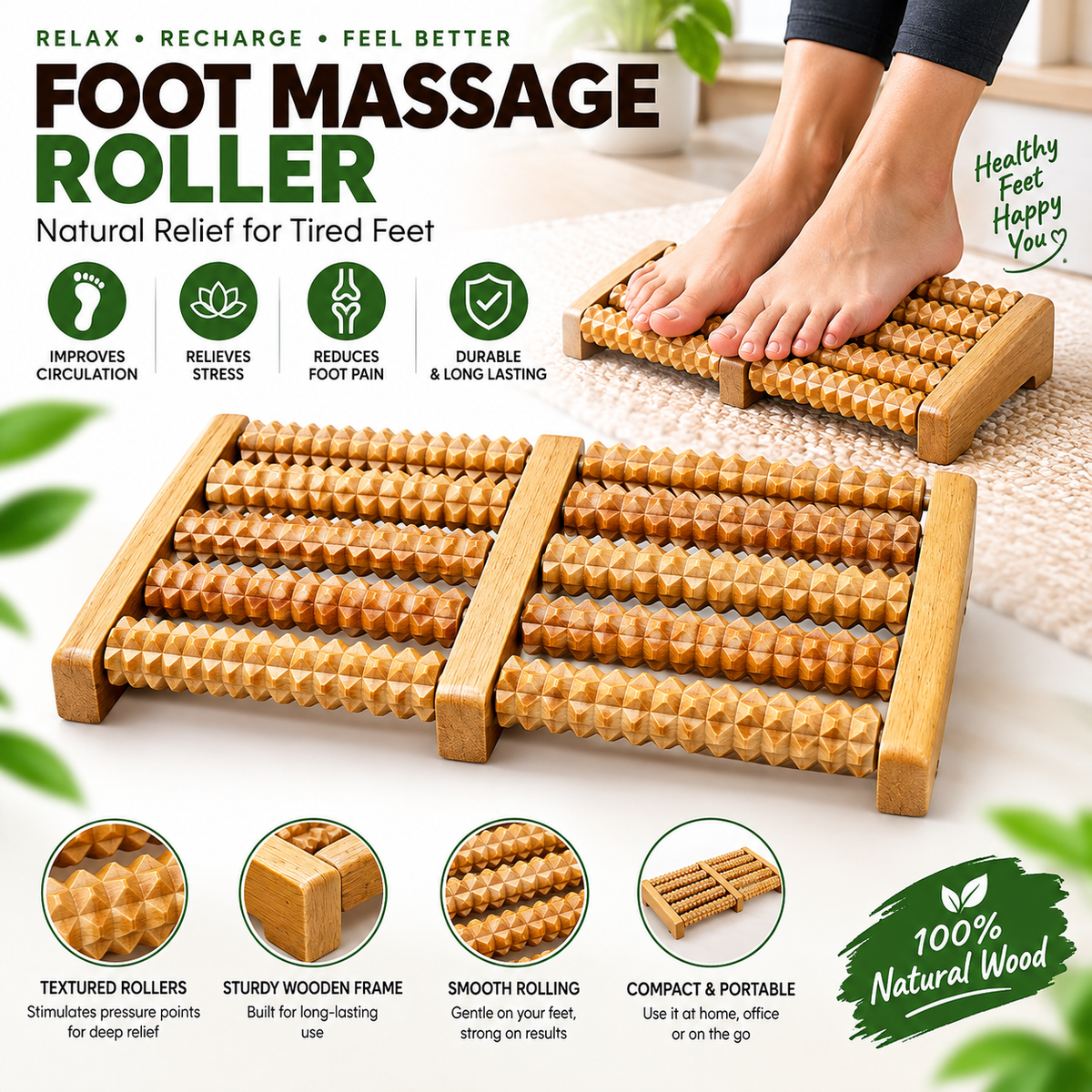 Traditional Wooden Foot Roller Massager – Natural Wood Acupressure Foot Massage Roller for Relaxation & Stress Relief