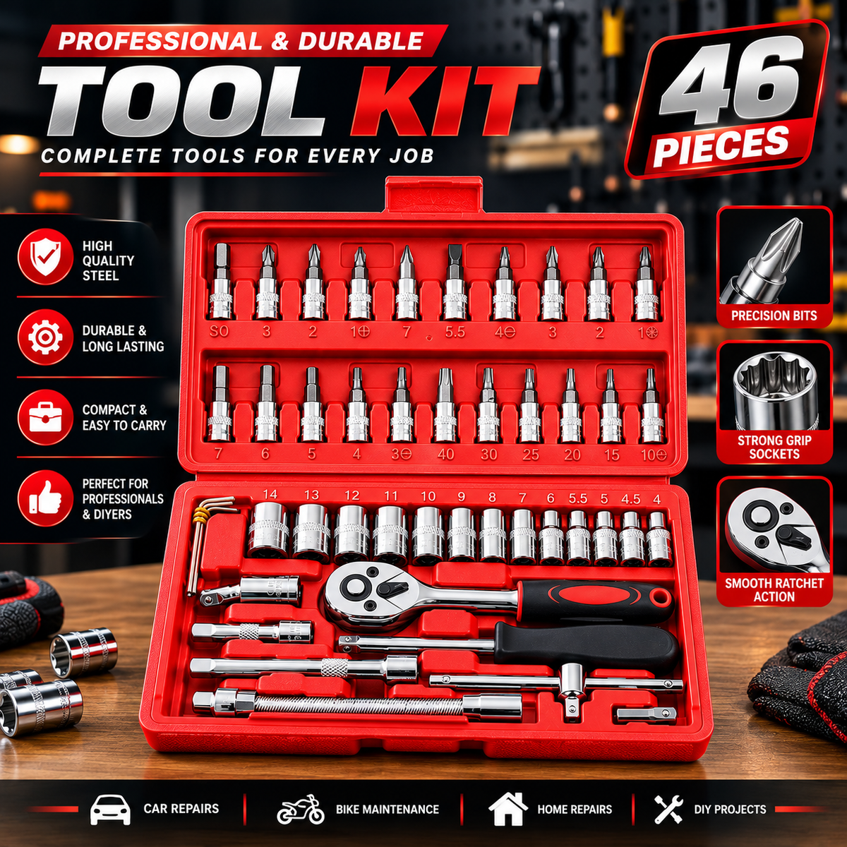 46-Piece Socket Wrench Set with Storage Case – Automotive & DIY Tool Kit