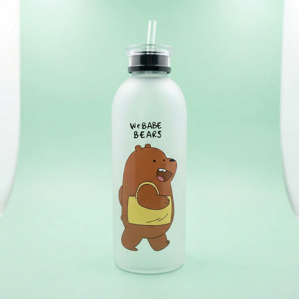 Frosted Cartoon Bear Water Bottle with Straw